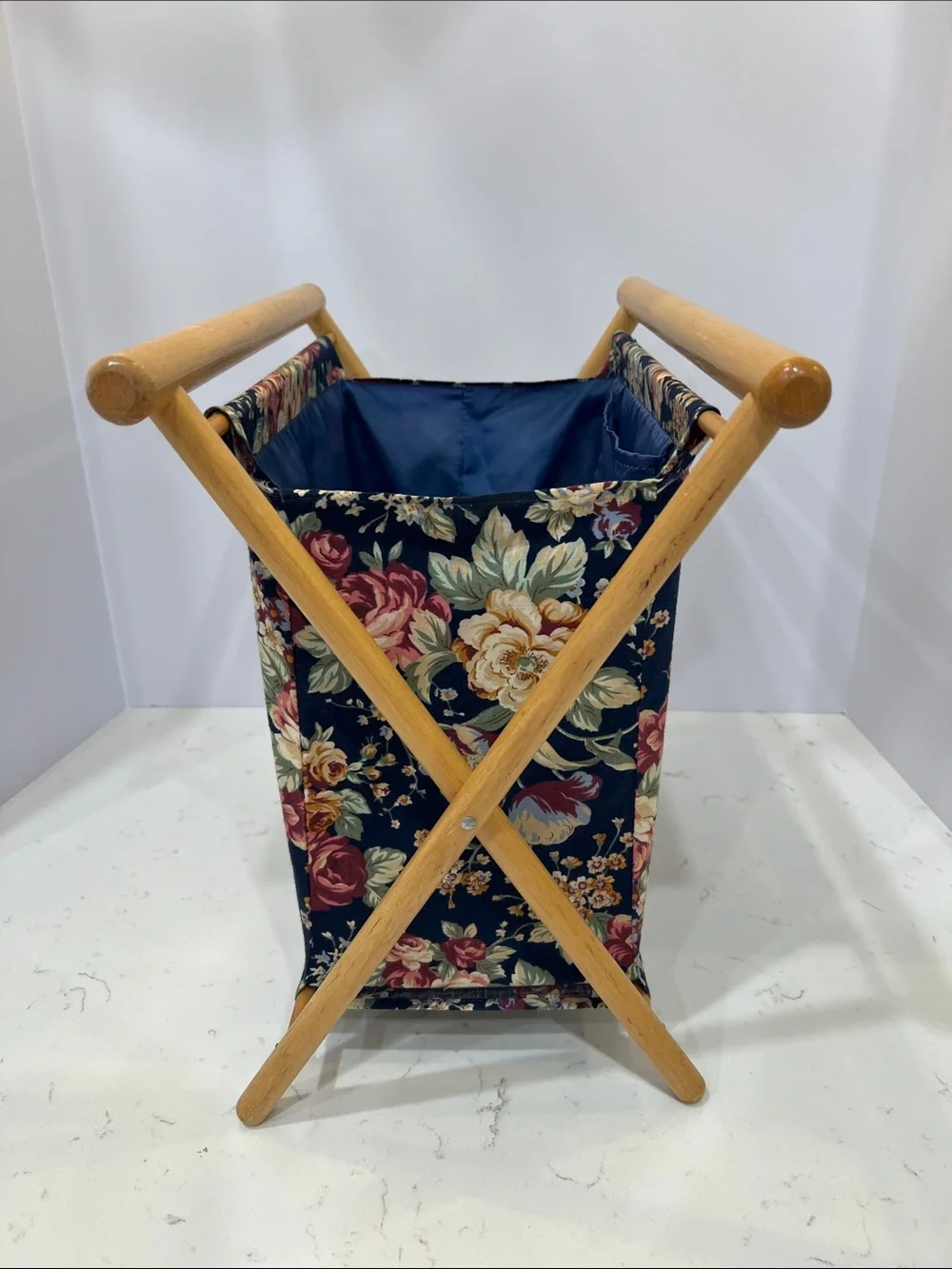 Vintage Foldable Wooden Sewing Basket Floral Knitting Craft Storage Caddy - Picture 4 of 15